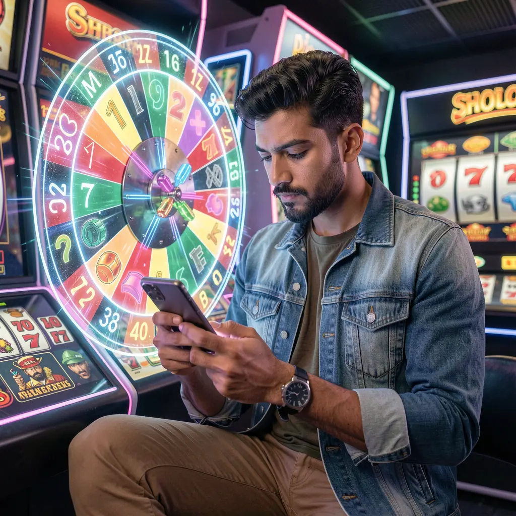 Focused Bangladeshi player using the CK688 mobile casino app with a glowing roulette wheel and slot symbols creating a modern gaming mood