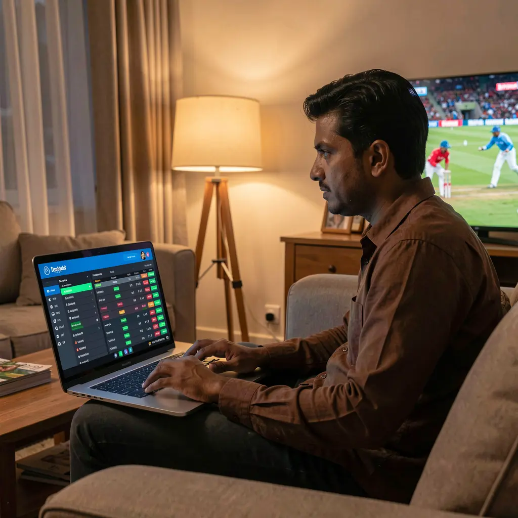 Focused Bangladeshi player placing live cricket bets on a laptop with CK688 while watching a match on TV in a comfortable home setting