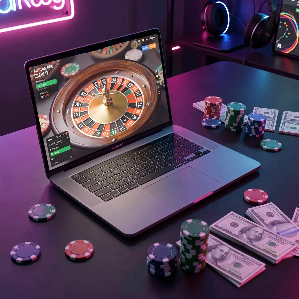 Stylish online roulette scene on a laptop with colorful casino chips and neon lighting reflecting the exciting live casino atmosphere of CK688 in Bangladesh