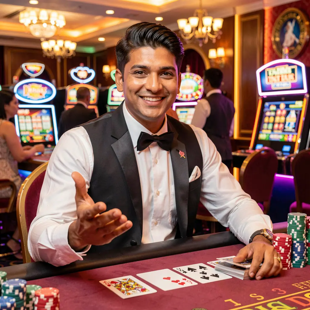 Professional casino dealer welcoming players at a live table with cards and chips inside the CK688 casino environment in Bangladesh