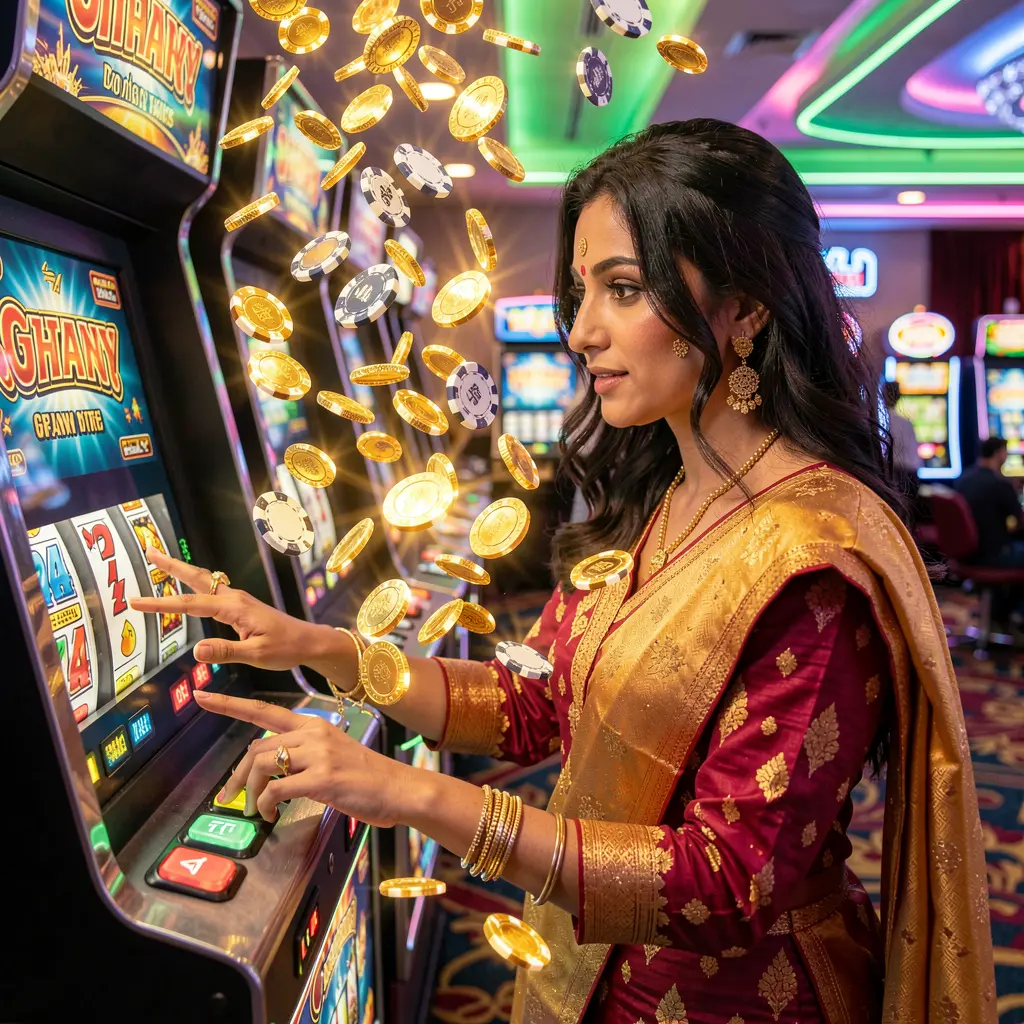 Elegant female player enjoying vibrant casino slot action with flying coins and colorful lights at CK688 online casino in Bangladesh